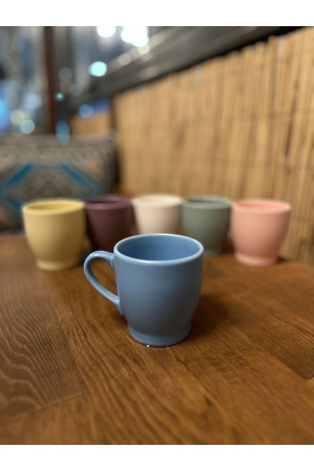 Mavi Mat Double Fincan Kulplu Mug Kupa Bardak Espresso Double Türk Kahve Fincan Kahve Kupası - 1