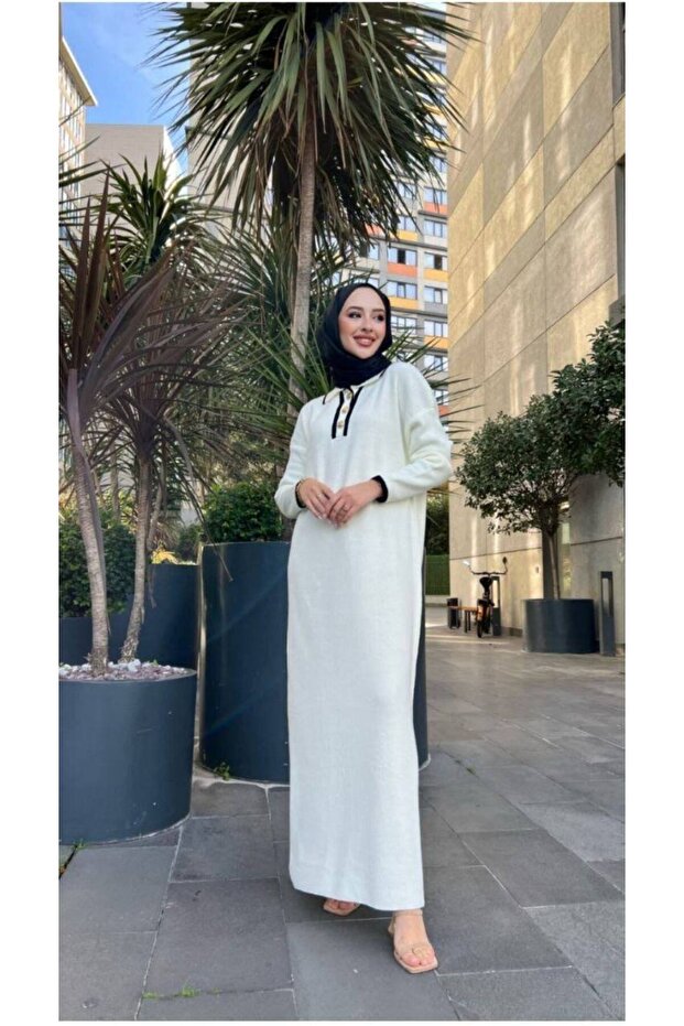 Gold Buttoned Shirt Collar Knitwear Long Dress