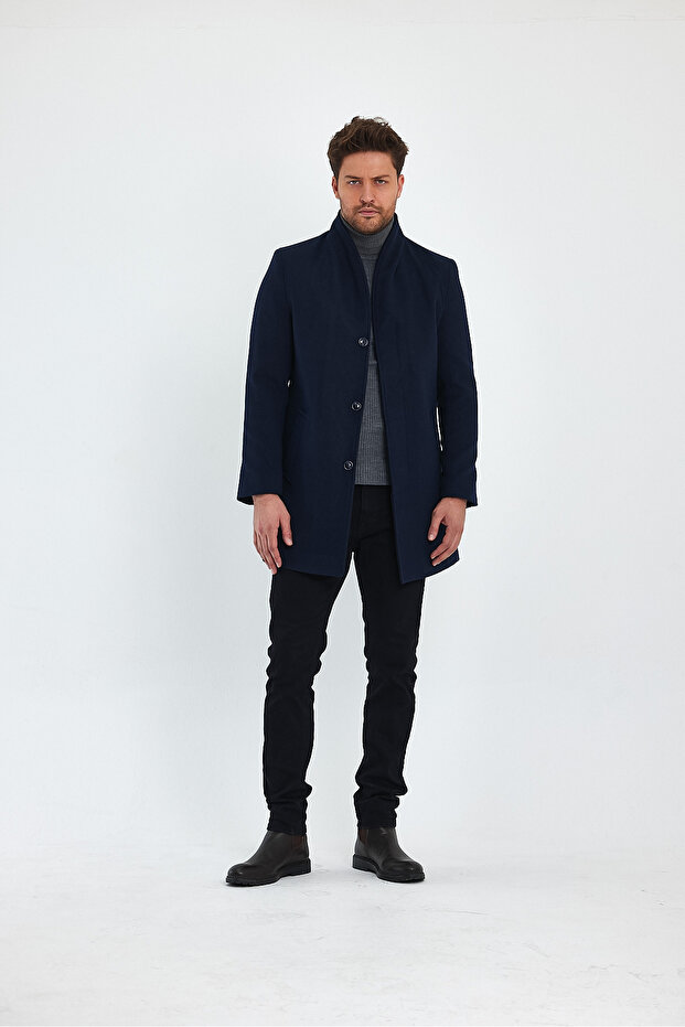 Men's Slim Fit Navy Blue Cashew Coat