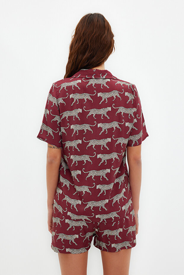 Bordo Desenli Viskon Şortlu Dokuma Pijama Takımı THMSS21PT0473 - 5