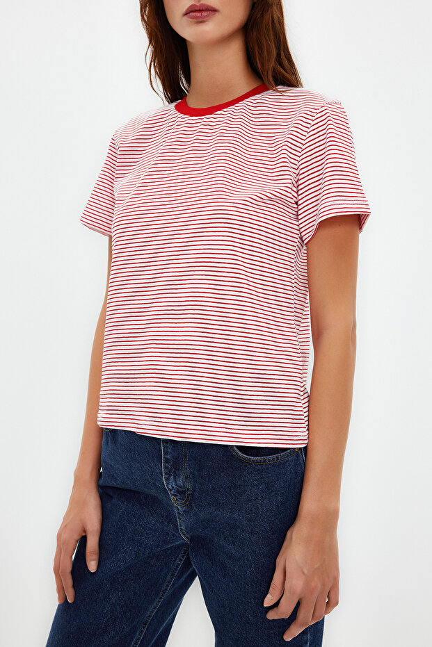 Kırmızı Ekru Çizgili Kalın Pamuklu Basic Regular/Normal Kalıp Örme T-Shirt TWOSS23TS00043 - 4