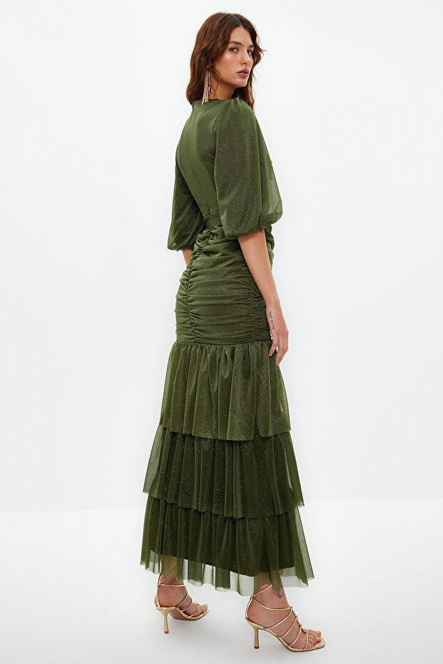 Khaki fodros részletes hosszú ezüst estélyi ruha TCTSS24DB00039 - 6