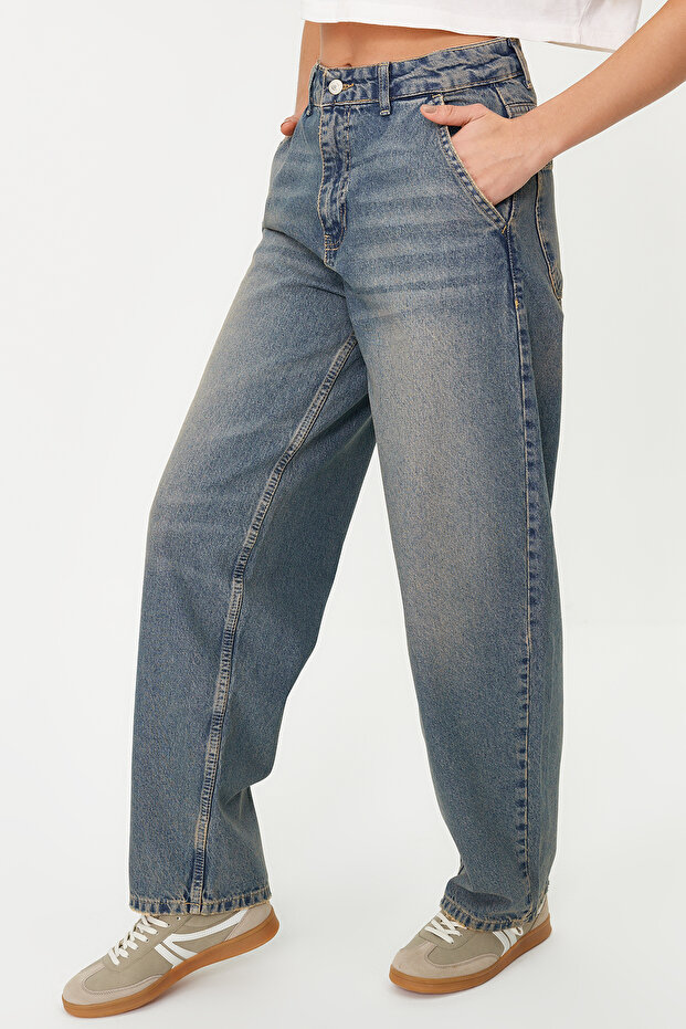 Koyu Mavi Soluk Efektli Vintage Düşük Bel Skater Baggy Jeans TWOSS24JE00052 - 9