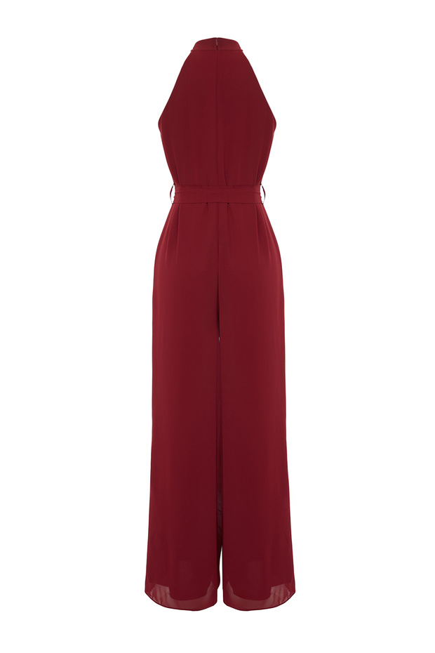 Bordo Kuşaklı Maxi Şifon Astarlı Dokuma Tulum TWOSS23TU00093 - 9