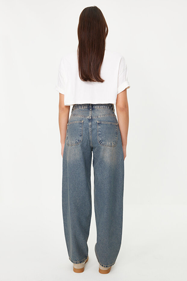 Koyu Mavi Soluk Efektli Vintage Düşük Bel Skater Baggy Jeans TWOSS24JE00052 - 10