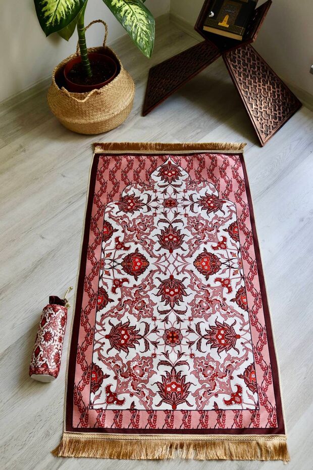 Portable Silk Textured Pouch Prayer Rug S1031 Pink Color