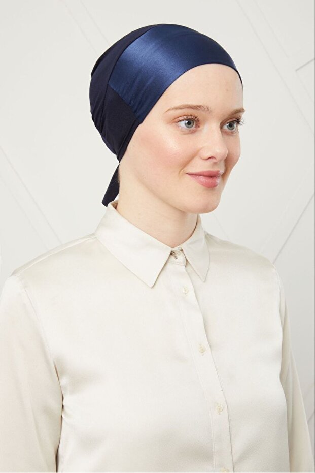 Women's Hijab Laced Satin Bonnet Navy Blue