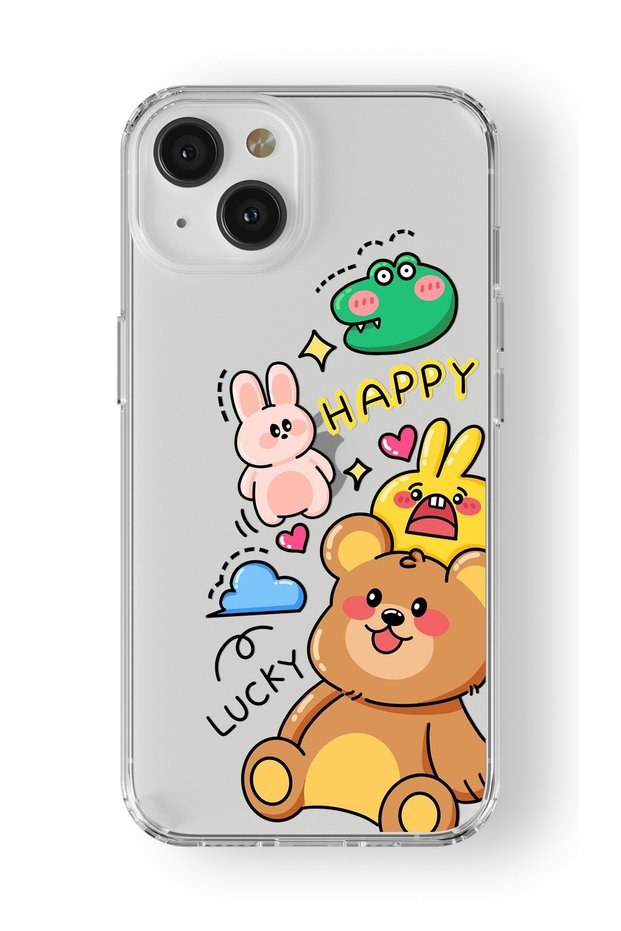 iPhone 15 Compatible Happy Animals Design Printed Transparent Case