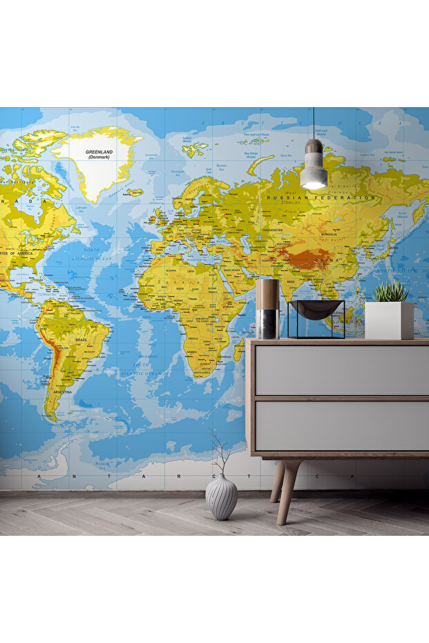 Dünya Haritası Güncel Canlı Renklerde Ülkeler Kıtalar ve Denizler Duvar Kağıdı - 6