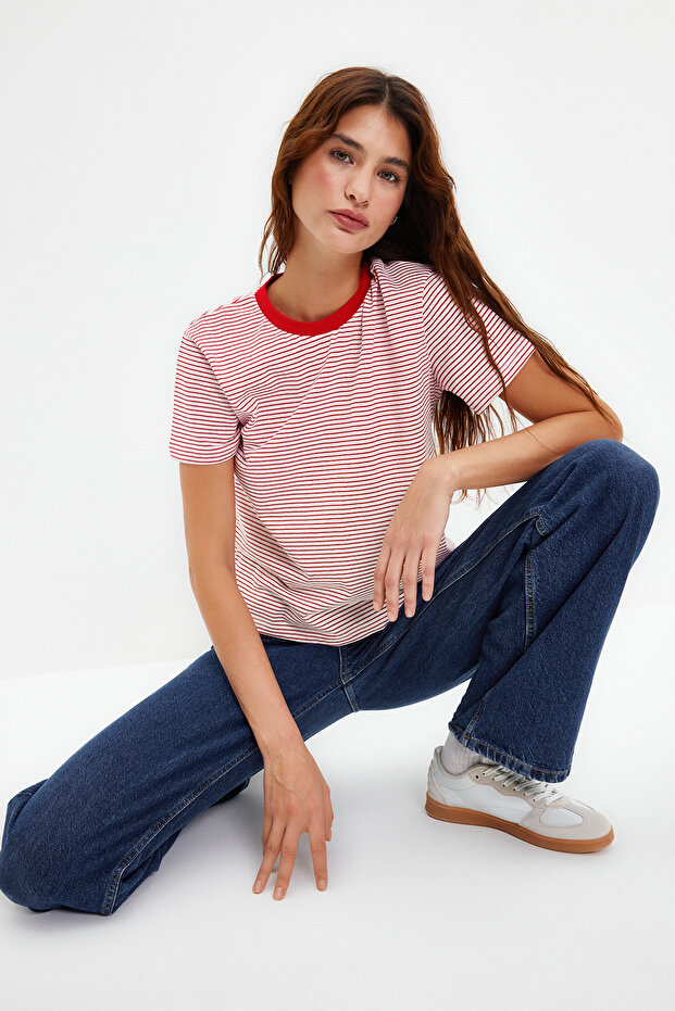 Kırmızı Ekru Çizgili Kalın Pamuklu Basic Regular/Normal Kalıp Örme T-Shirt TWOSS23TS00043 - 3