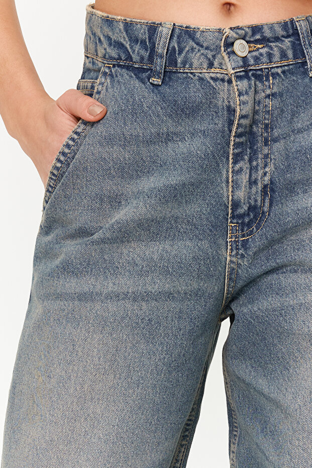 Koyu Mavi Soluk Efektli Vintage Düşük Bel Skater Baggy Jeans TWOSS24JE00052 - 8
