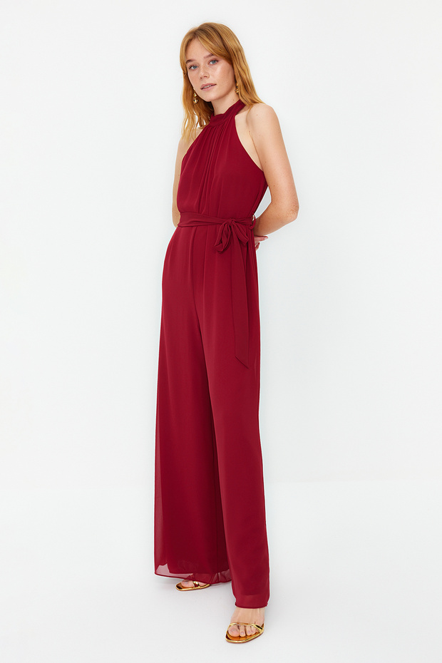 Bordo Kuşaklı Maxi Şifon Astarlı Dokuma Tulum TWOSS23TU00093 - 3
