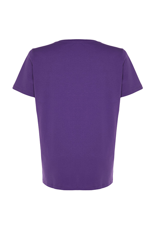 Mor Relaxed Fit Slogan Baskılı Bisiklet Yaka %100 Pamuk Örme Büyük Beden T-Shirt TBBSS23BF00022 - 8