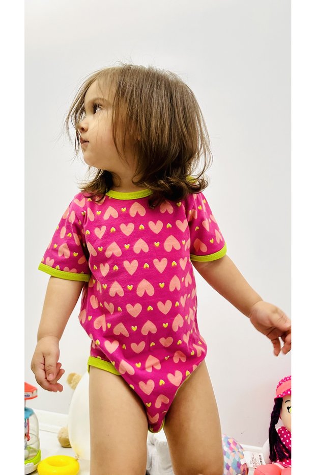 Pink Heart Green Piping Short Sleeve Baby Girl, Children's Bodysuit, Body 100% Cotton Flexible Fabric