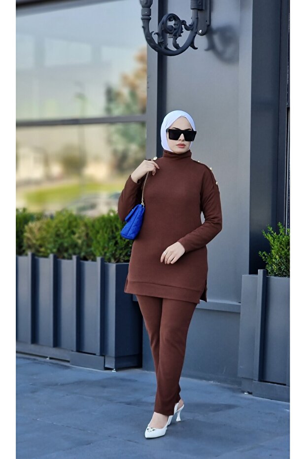 طقم حجاب مزدوج بني - 1