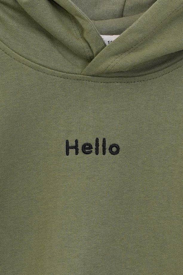 Kapüşonlu Hello Nakış Baskılı Basic Haki Çocuk Eşofman Takımı - 4