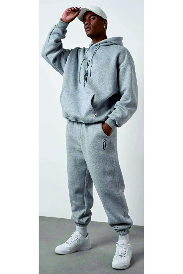 Men's Black Vertical Oversize Hooded Tracksuit Set Cotton