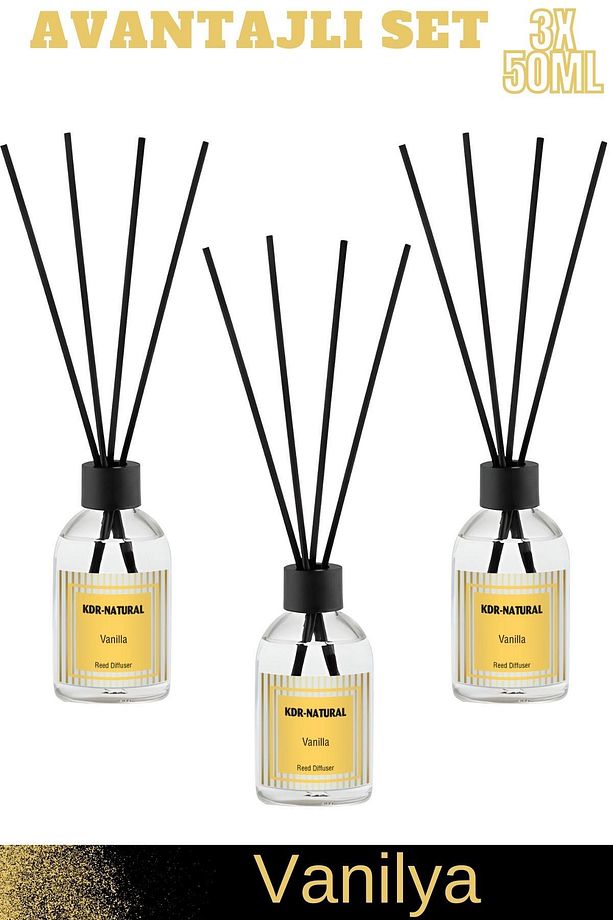 Vanilya Çubuklu Oda Kokusu , Ortam Kokusu , Banyo Kokusu , Reed Diffuser Avantajlı Set 3x50ml - 1