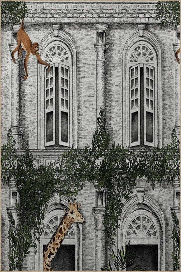 Animal Garden Themed Monkey and Giraffe Patterned Modern Decorative Carpet 2742