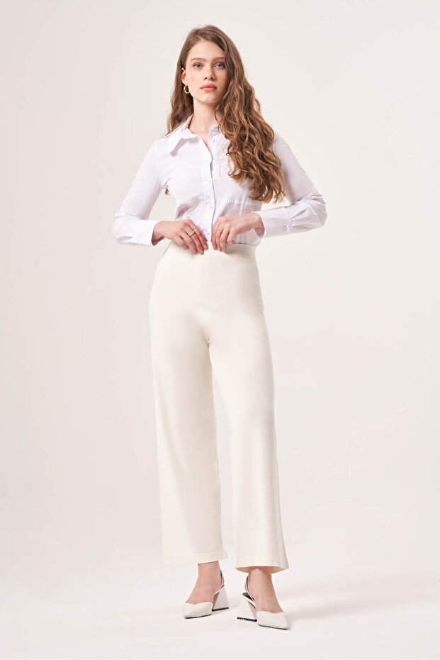 Basic-Strickhose in Ecru mit elastischem Bund - 1