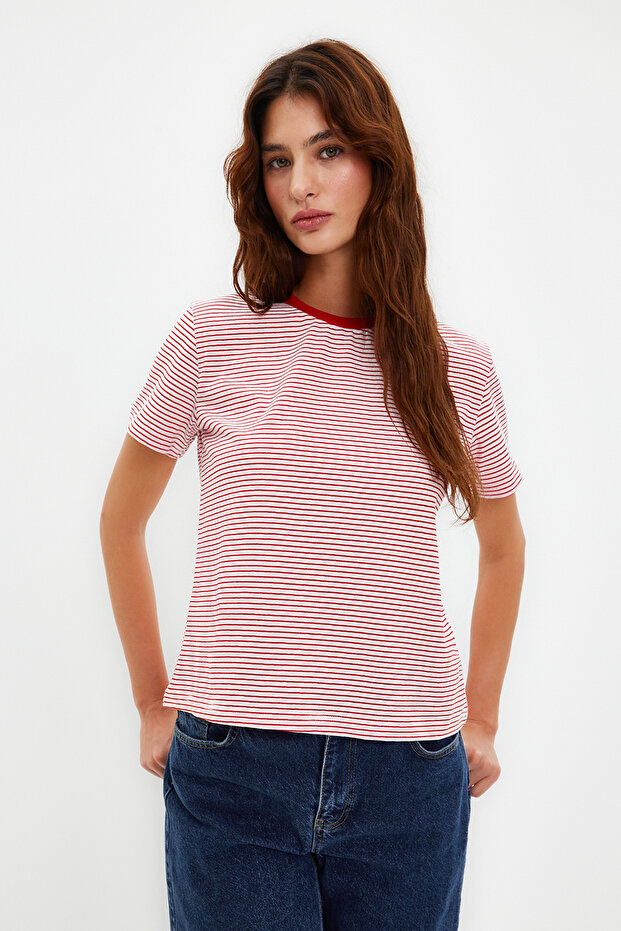 Kırmızı Ekru Çizgili Kalın Pamuklu Basic Regular/Normal Kalıp Örme T-Shirt TWOSS23TS00043 - 1