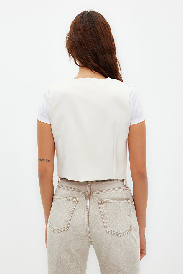 Ekru Regular Crop Dokuma Yelek TWOSS22YE0053 - 6