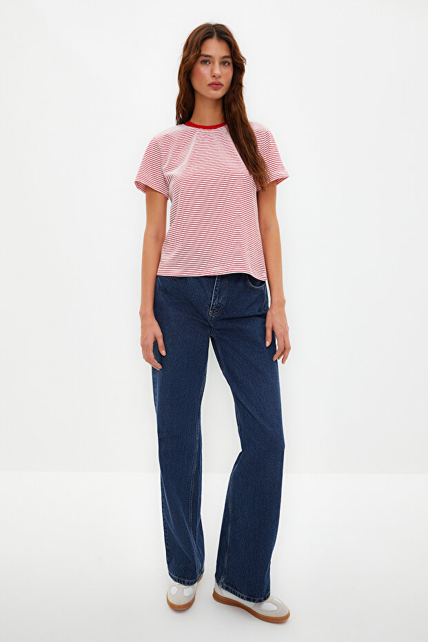 Kırmızı Ekru Çizgili Kalın Pamuklu Basic Regular/Normal Kalıp Örme T-Shirt TWOSS23TS00043 - 2