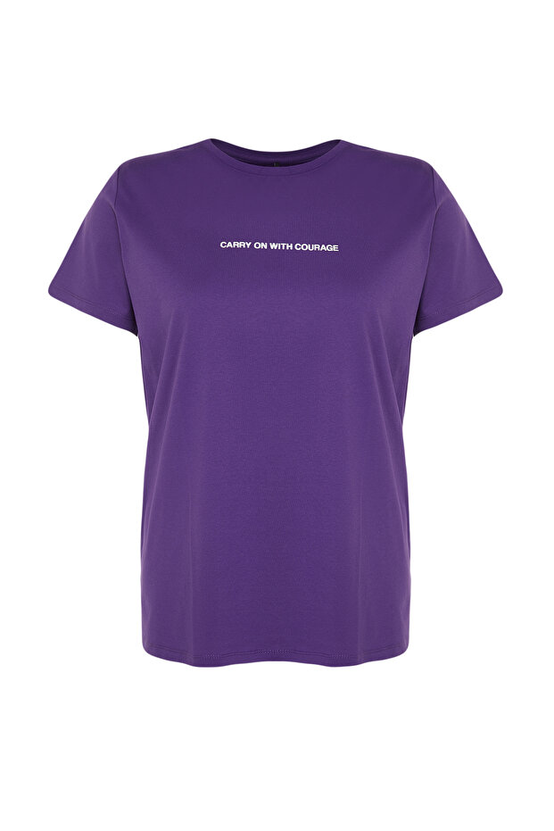 Mor Relaxed Fit Slogan Baskılı Bisiklet Yaka %100 Pamuk Örme Büyük Beden T-Shirt TBBSS23BF00022 - 7