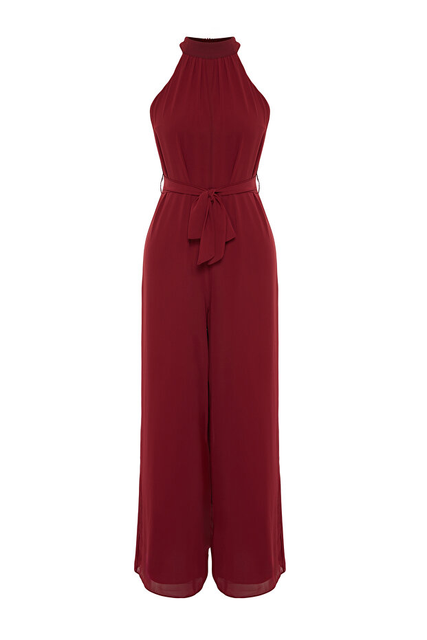 Bordo Kuşaklı Maxi Şifon Astarlı Dokuma Tulum TWOSS23TU00093 - 8