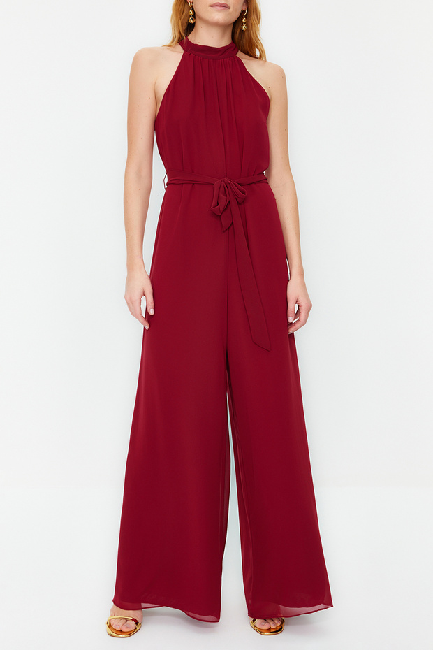 Bordo Kuşaklı Maxi Şifon Astarlı Dokuma Tulum TWOSS23TU00093 - 5