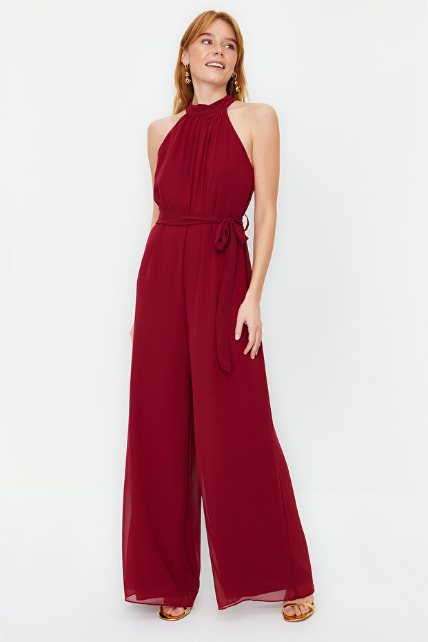 Bordo Kuşaklı Maxi Şifon Astarlı Dokuma Tulum TWOSS23TU00093 - 2