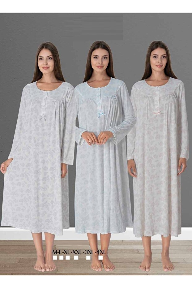 Gray Plus Size Long Sleeve Cotton Nightgown Effortt