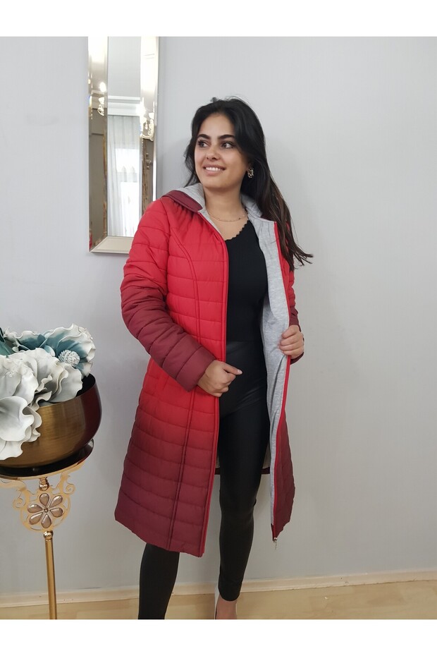 Women's Red Transition Quilted Midi Coat