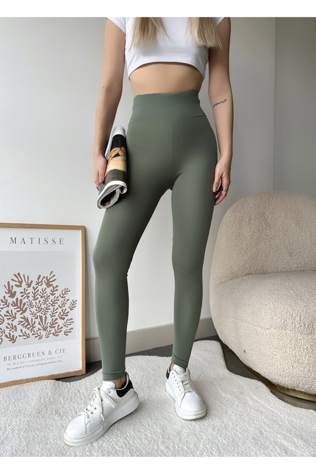 Women's Khaki Colored Fleece Inside Ribbed High Waist Wide Belt Gathering Leggings