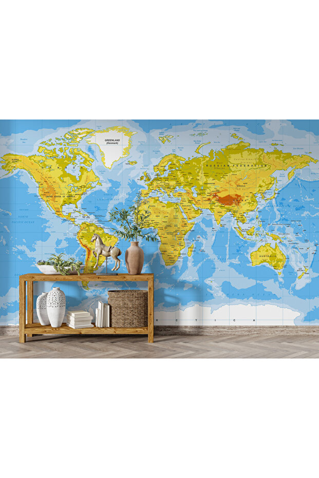 Dünya Haritası Güncel Canlı Renklerde Ülkeler Kıtalar ve Denizler Duvar Kağıdı - 8