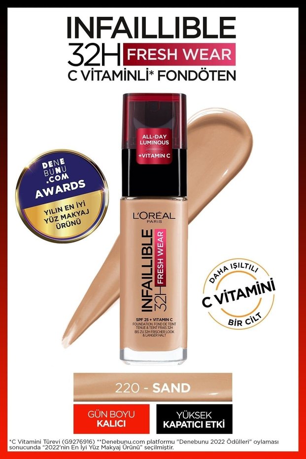 L'Oreal Paris Infaillible 32H Fresh Wear Vitamin C Foundation - 220 Sand
