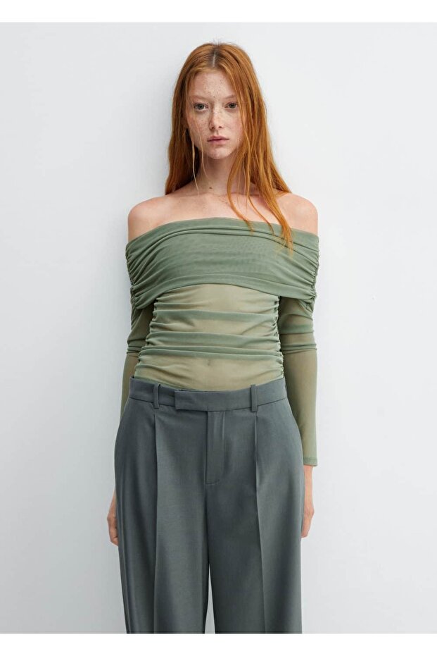 Omzu Açık Tül Tişört - 1