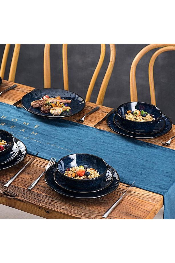 Yıldızlı Mavi Porselen Yuvarlak Tatlı Tabağı, 20,3 cm 6'lı Set - 5
