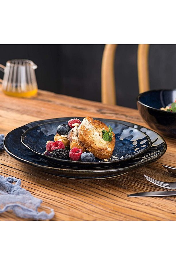 Yıldızlı Mavi Porselen Yuvarlak Tatlı Tabağı, 20,3 cm 6'lı Set - 4