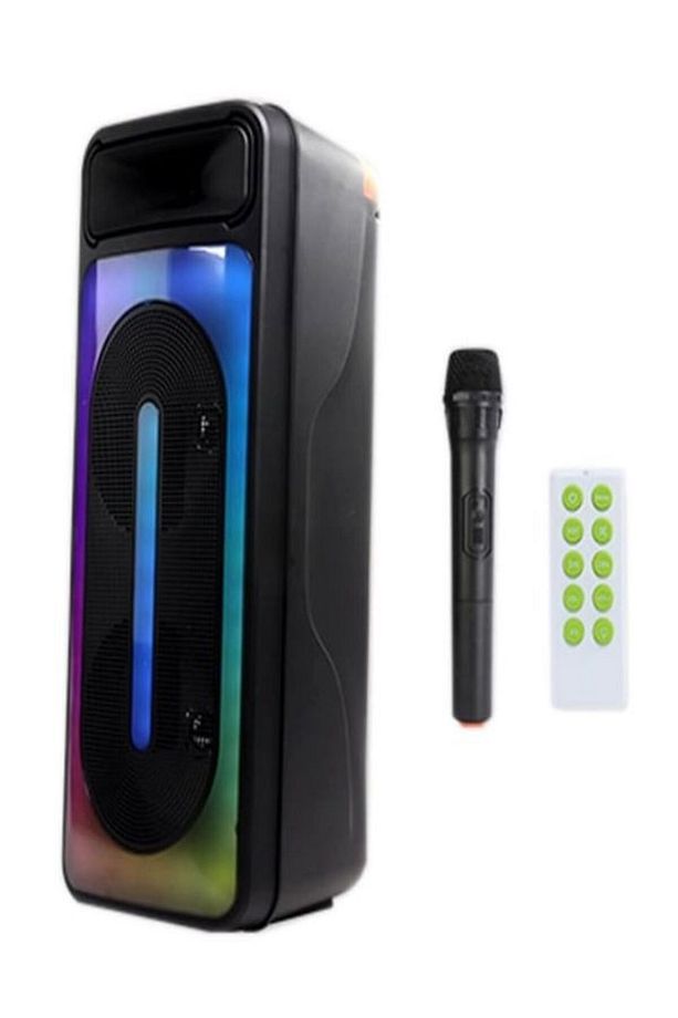 8"x2 45 WATT Taşınabilir RGB Bluetooth Hoparlör Karaoke Party Box + Kablosuz Mikrofon - 1