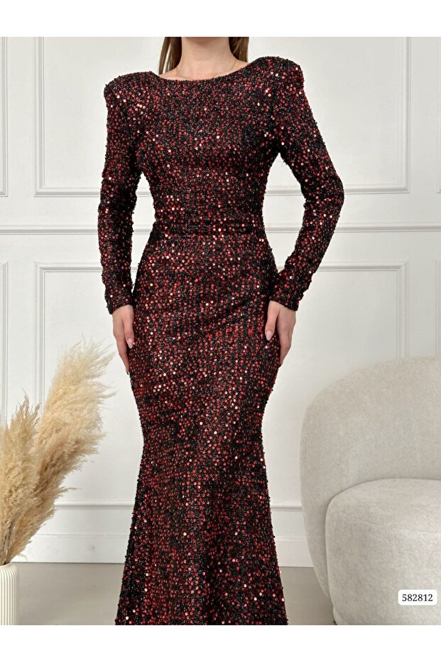 Women's Long Sleeve Bearded Sequin Fabric Back Low-cut Slim Fit Long Fish Model Evening Dress Red