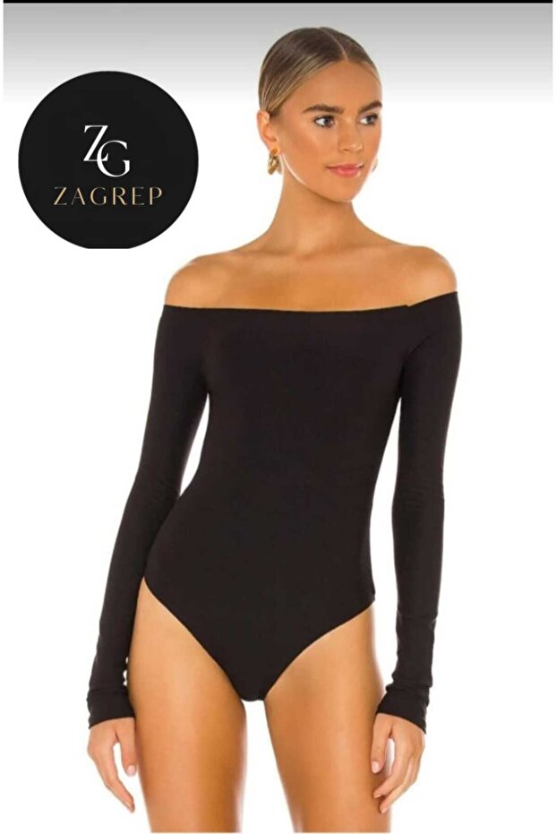 Women's Black Off Shoulder Double Layer Silk Jersey Body