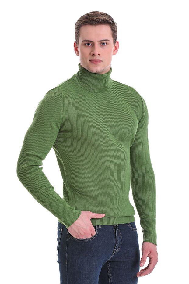 Green Slim Fit Ribbed Turtleneck Wool Knitwear Sweater