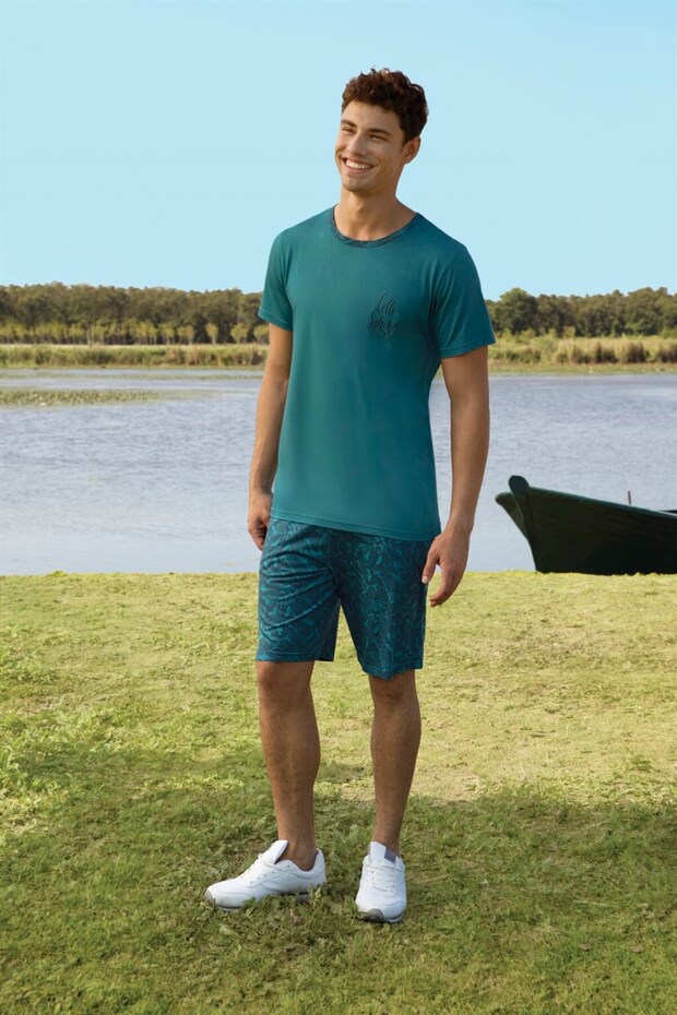 Men's Green Printed Shorts T-shirt Pajama Set 4833