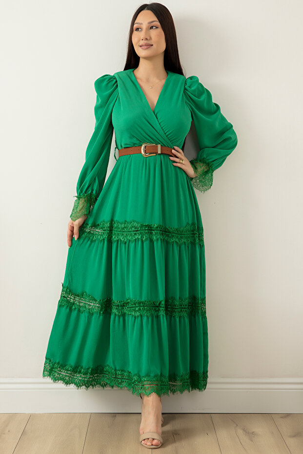 Dantel Detaylı Uzun Şifon Elbise 7227 - 5