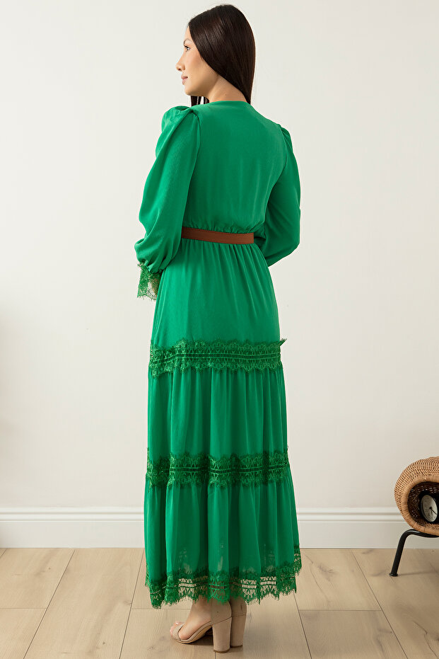 Dantel Detaylı Uzun Şifon Elbise 7227 - 7