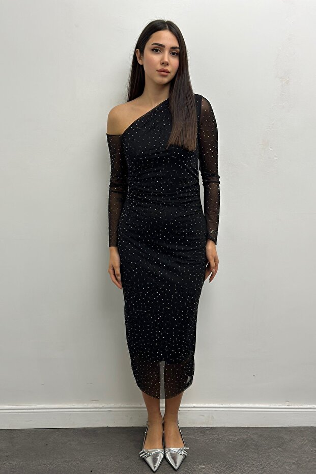 Taşlı Tül Elbise - 1