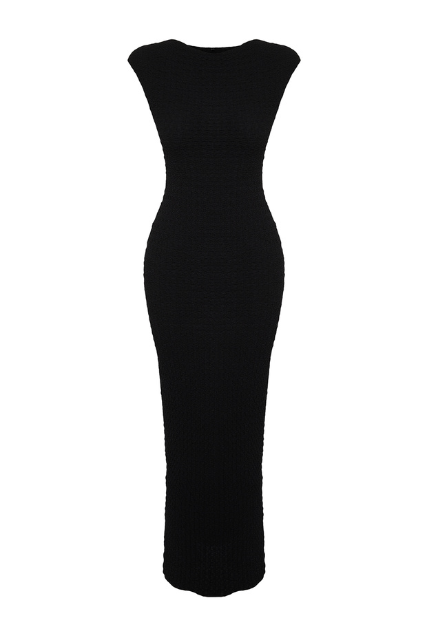 Siyah Dokulu Kumaş Fitted/Vücuda Oturan Ay Kol Örme Esnek Midi Kalem Elbise TWOSS24EL00103 - 7