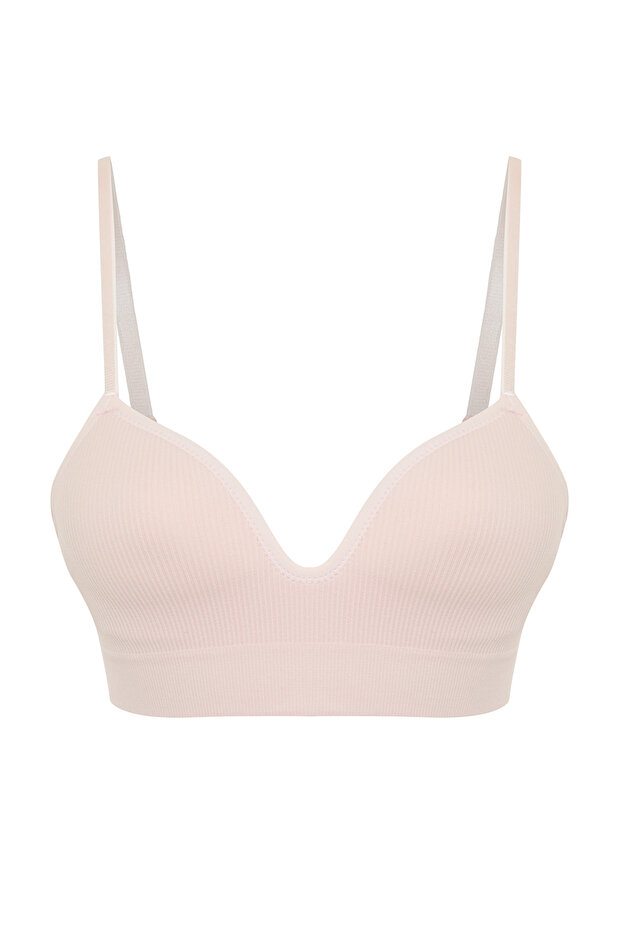 Pudra Pembe Seamless/Dikişsiz İp Askılı Dolgusuz Balensiz Kaplı Bralette Örme Sütyen THMAW22SU0043 - 9