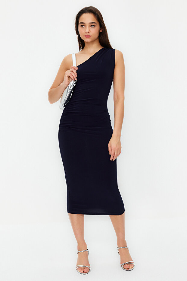 Rochie creion midi tricotată maxi elastică, cu un singur umăr, albastru marin TWOSS24EL00100 - 2